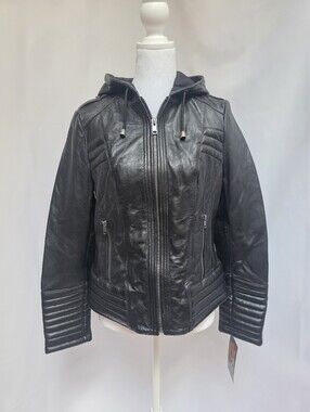 First Classics Women's Genuine Leather Hooded Moto Jacket Black M NWT